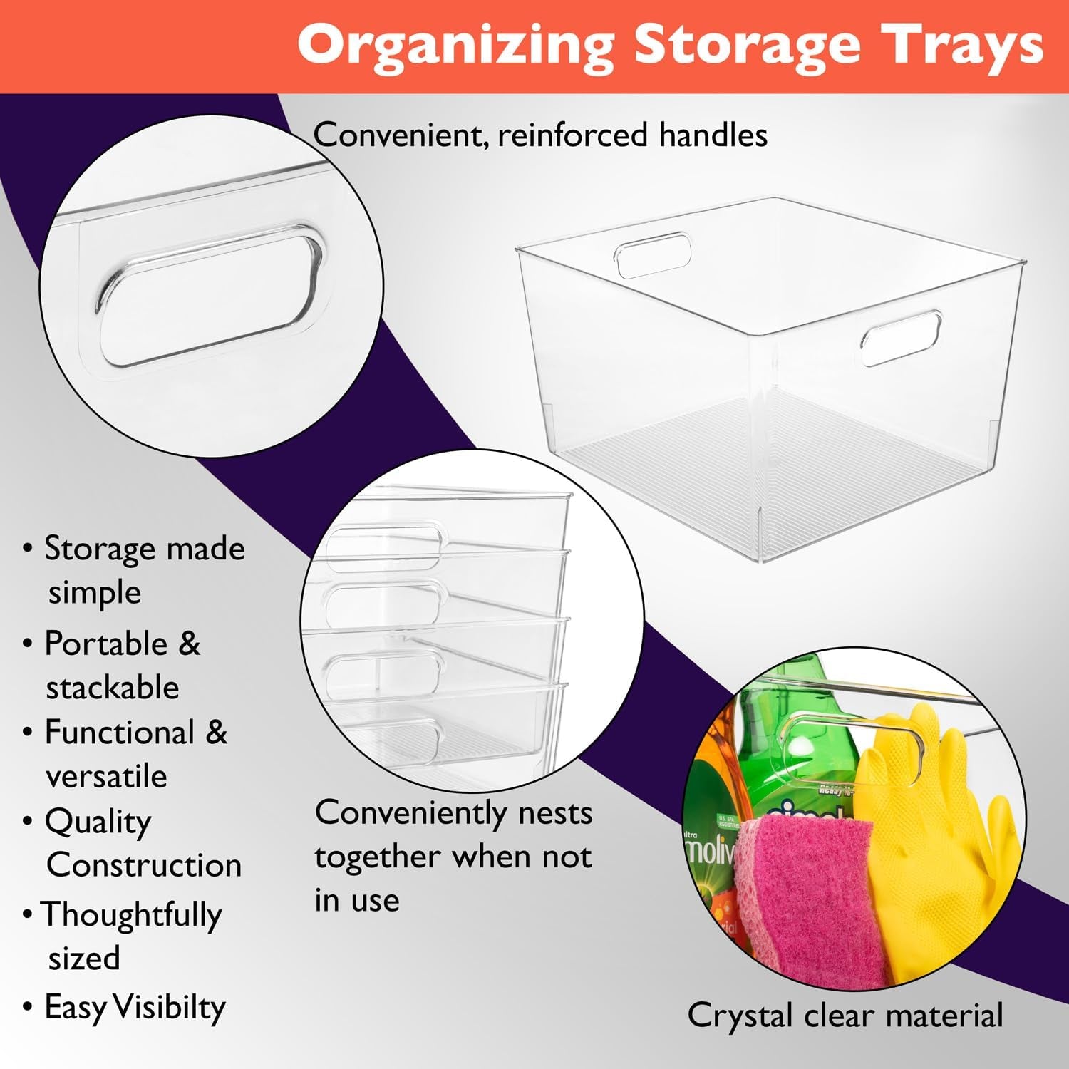 Clear Plastic Storage Bins for Kitchen, Fridge, Pantry, 2 Pack